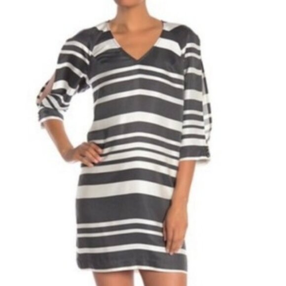 Trina Turk Striped Shift Dress Sz M Charcoal and Beige 3/4 Slit Raglan Sleeves - Picture 1 of 5